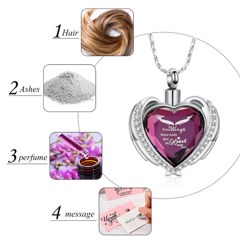 Imrsanl Cremation Jewelry Angel Wing Heart Urn Pendant Necklaces for Women Crystals Urns for Human Ashes Memorial Locket Keepsake Ashes Jewelry (Wings-Purple) - Image 4